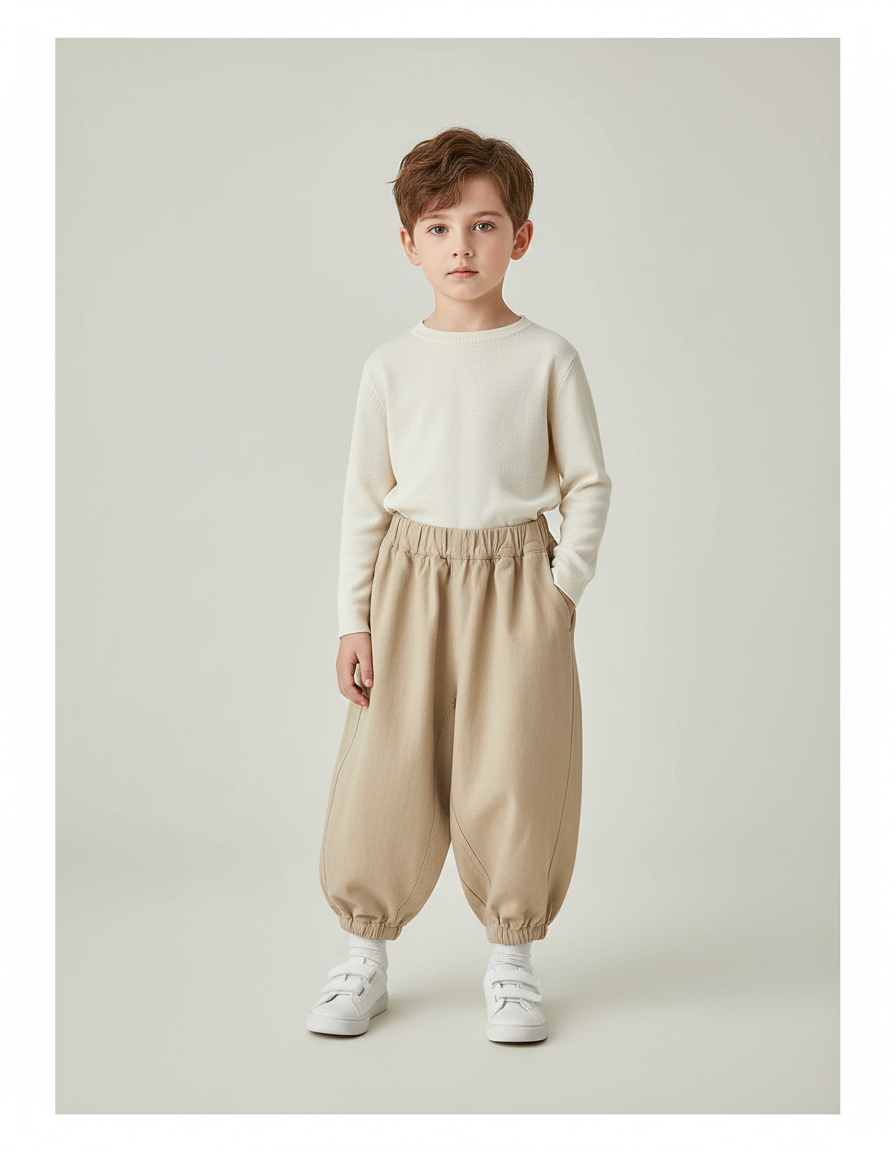 Pantalon Beige Ample Coton Sarouel Décontracté Enfant - Toile