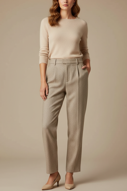 Pantalon Beige Élégant Laine Plissé Taille Haute