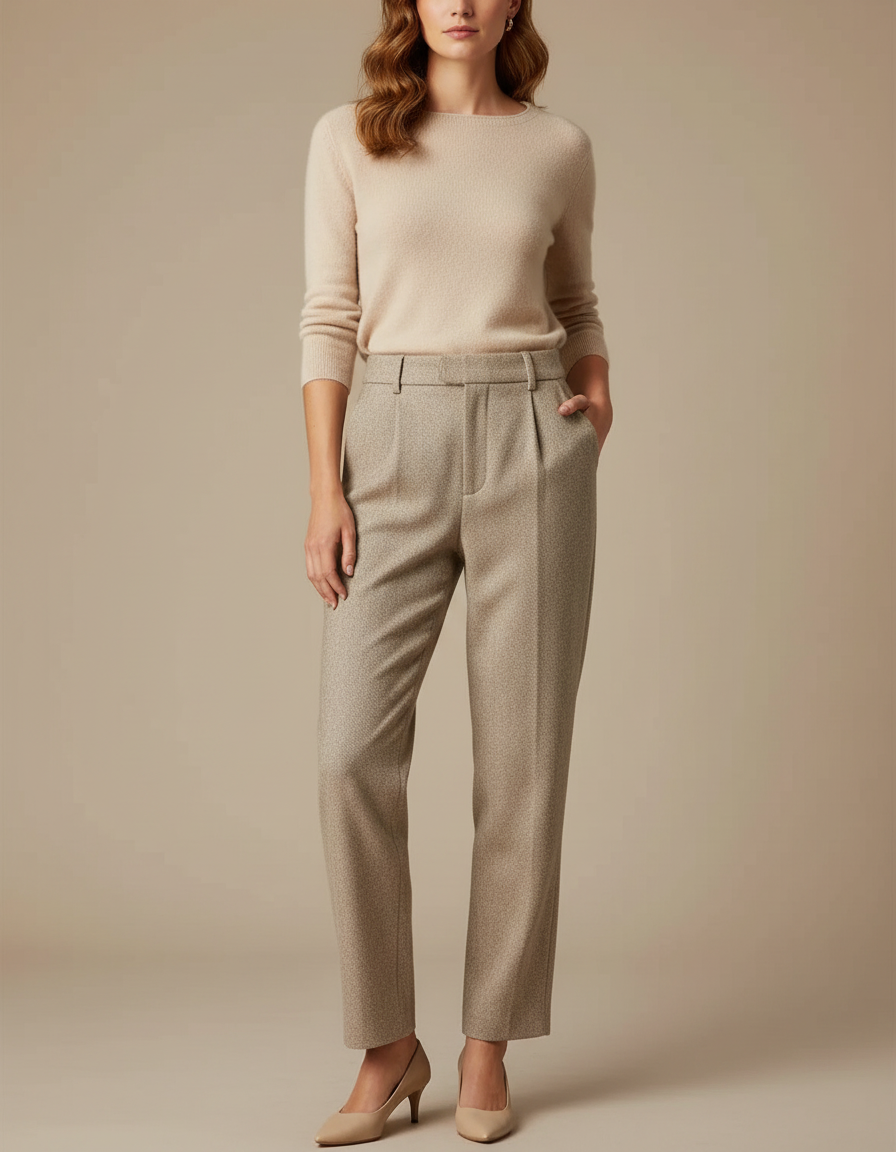 Pantalon Beige Élégant Laine Plissé Taille Haute