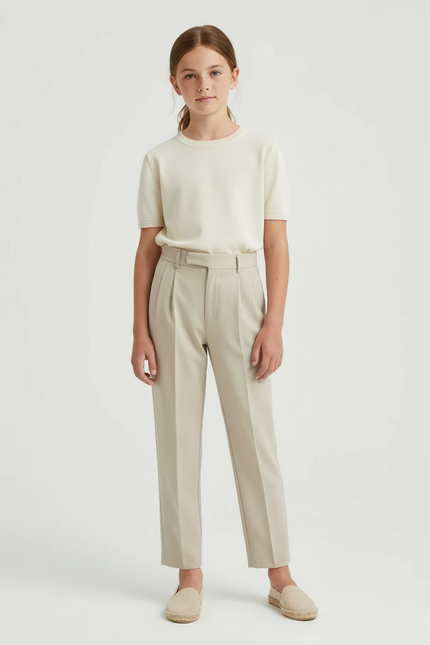 Pantalon Beige Plissé Conique Taille Haute Élégant - Gabardine