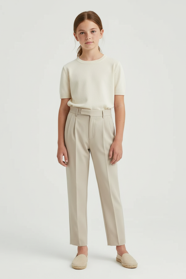 Pantalon Beige Plissé Conique Taille Haute Élégant - Gabardine