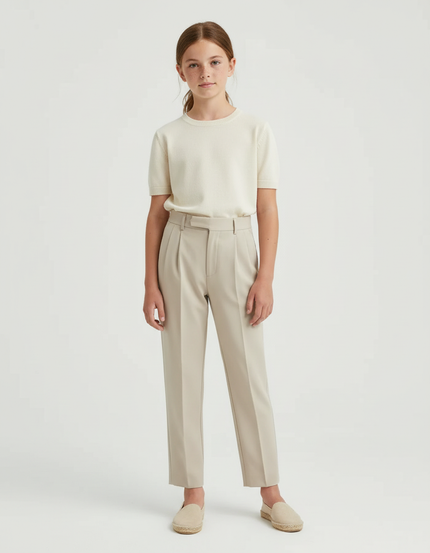 Pantalon Beige Plissé Conique Taille Haute Élégant - Gabardine