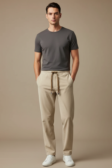 Pantalon Beige Côtelé Droit Décontracté Homme Cordon - Cordé