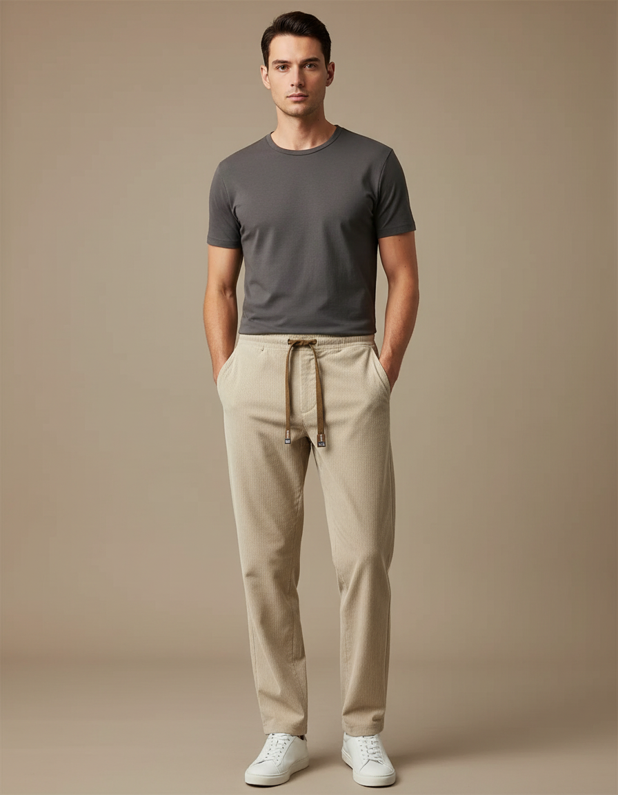 Pantalon Beige Côtelé Droit Décontracté Homme Cordon - Cordé