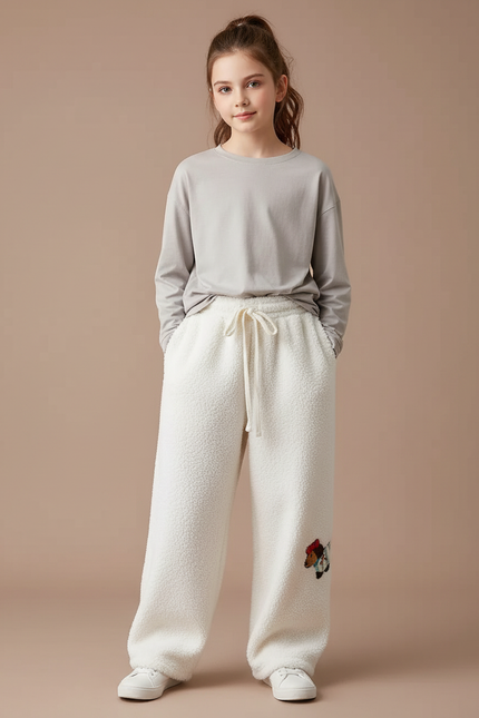 Pantalon Beige Polaire Brodé Chien Ample Hiver - Blanc Molleton