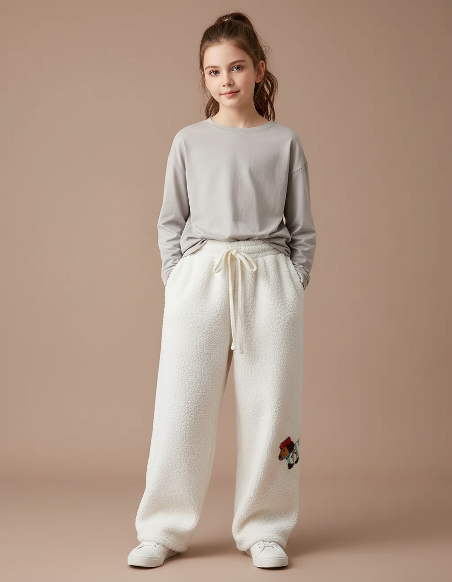 Pantalon Beige Polaire Brodé Chien Ample Hiver - Blanc Molleton
