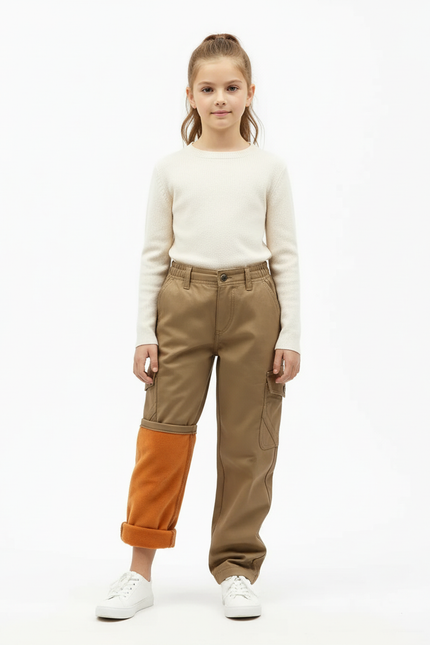 Pantalon Beige Cargo Doublé Polaire Enfant - Kaki Gabardine