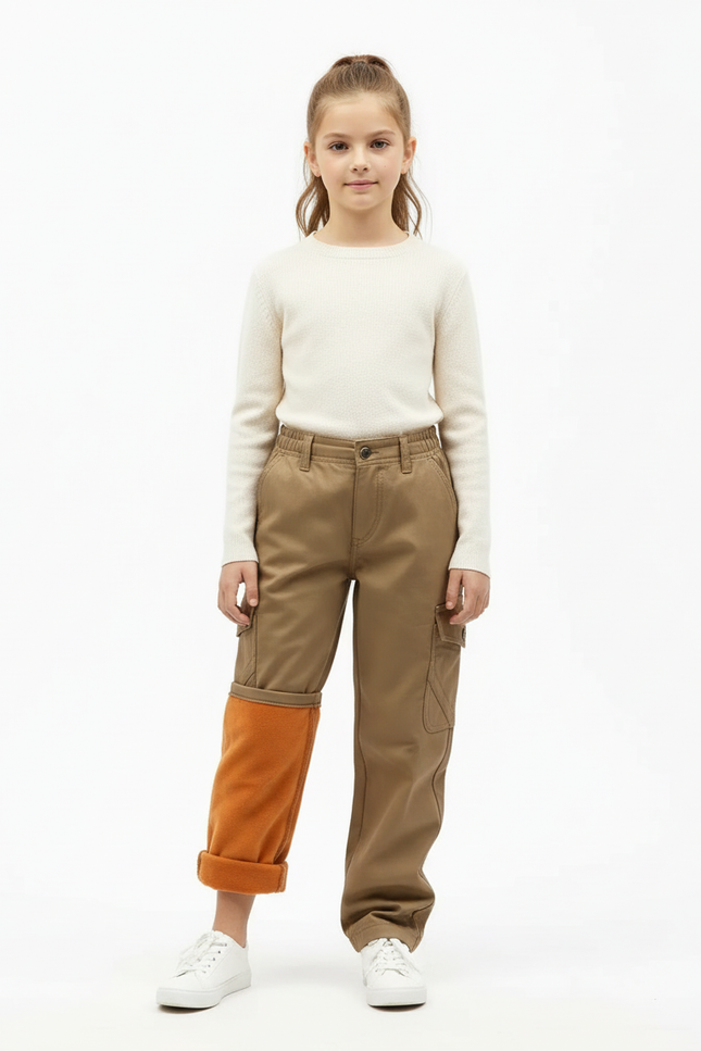 Pantalon Beige Cargo Doublé Polaire Enfant - Kaki Gabardine