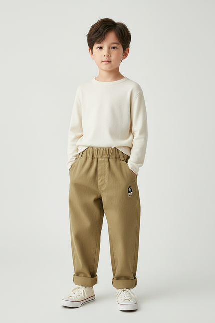 Pantalon Beige Enfant Brodé Casual Coton Ample - Kaki Toile