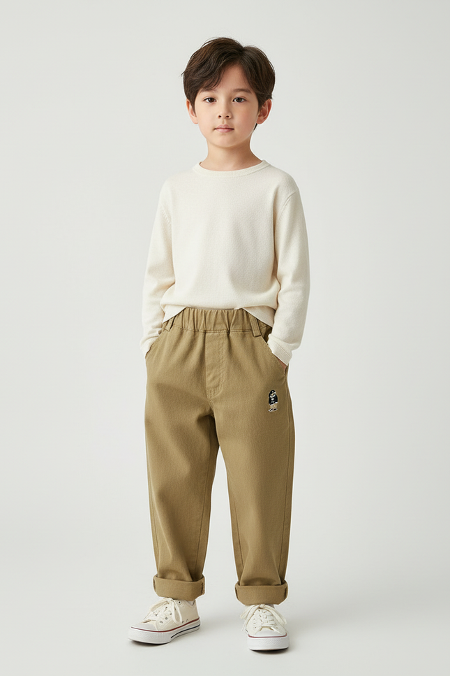 Pantalon Beige Enfant Brodé Casual Coton Ample - Kaki Toile