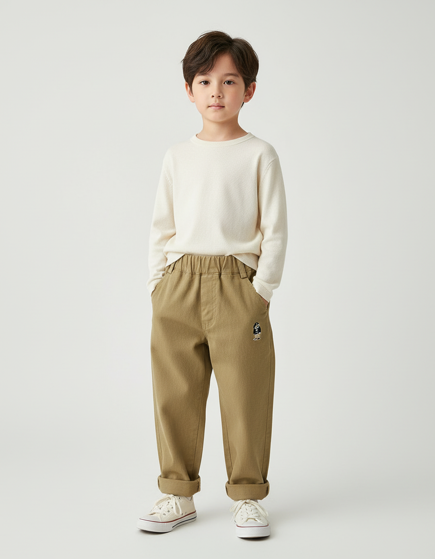 Pantalon Beige Enfant Brodé Casual Coton Ample - Kaki Toile