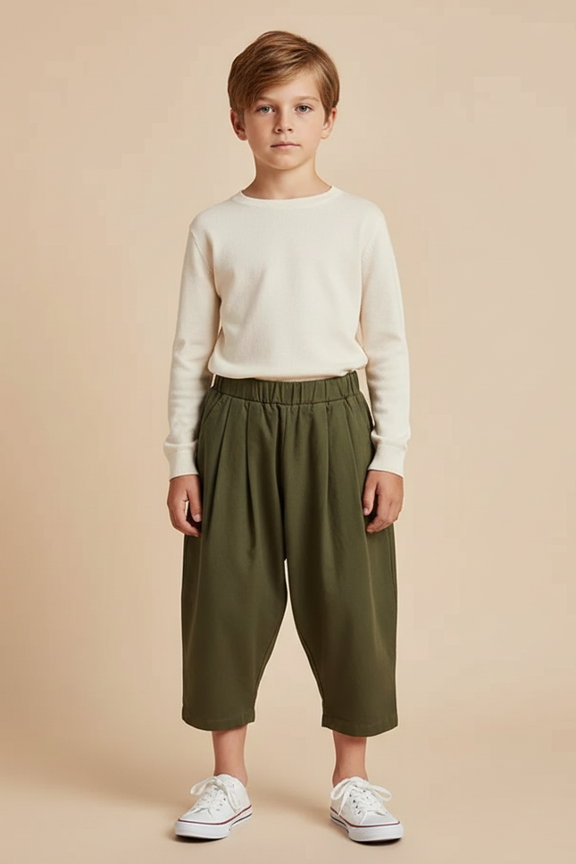 Pantalon Beige Ample Coton Plissé Unisexe - Kaki