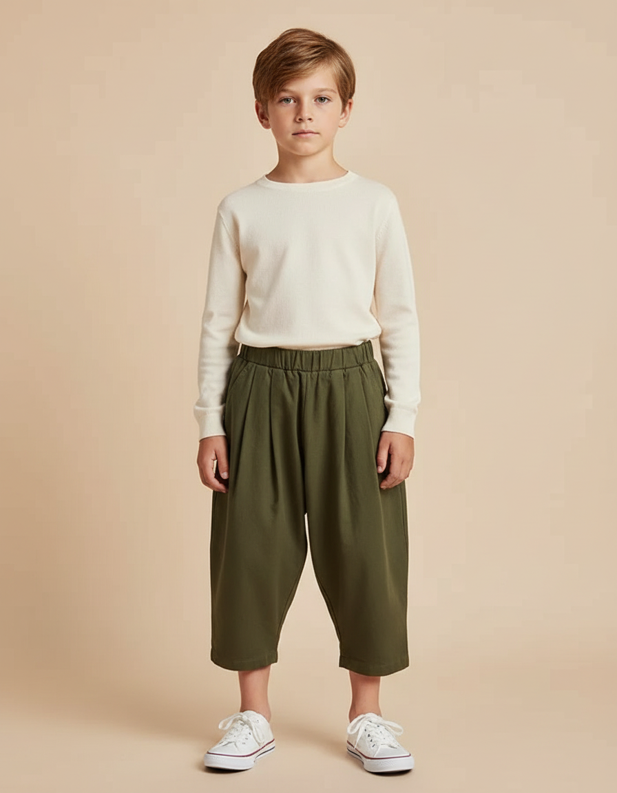 Pantalon Beige Ample Coton Plissé Unisexe - Kaki