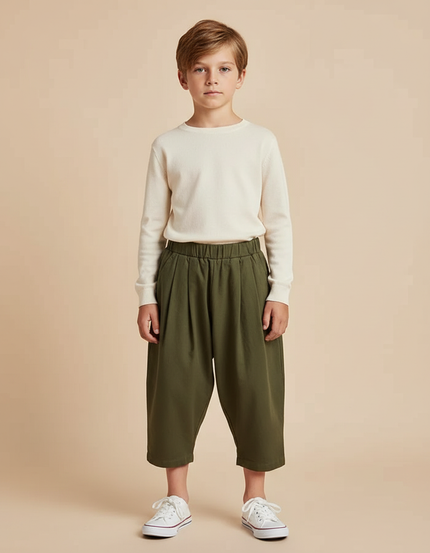 Pantalon Beige Ample Coton Plissé Unisexe - Kaki