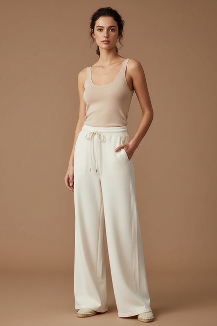 Pantalon Beige Fluide Ample Décontracté Cordon Femme - Molleton