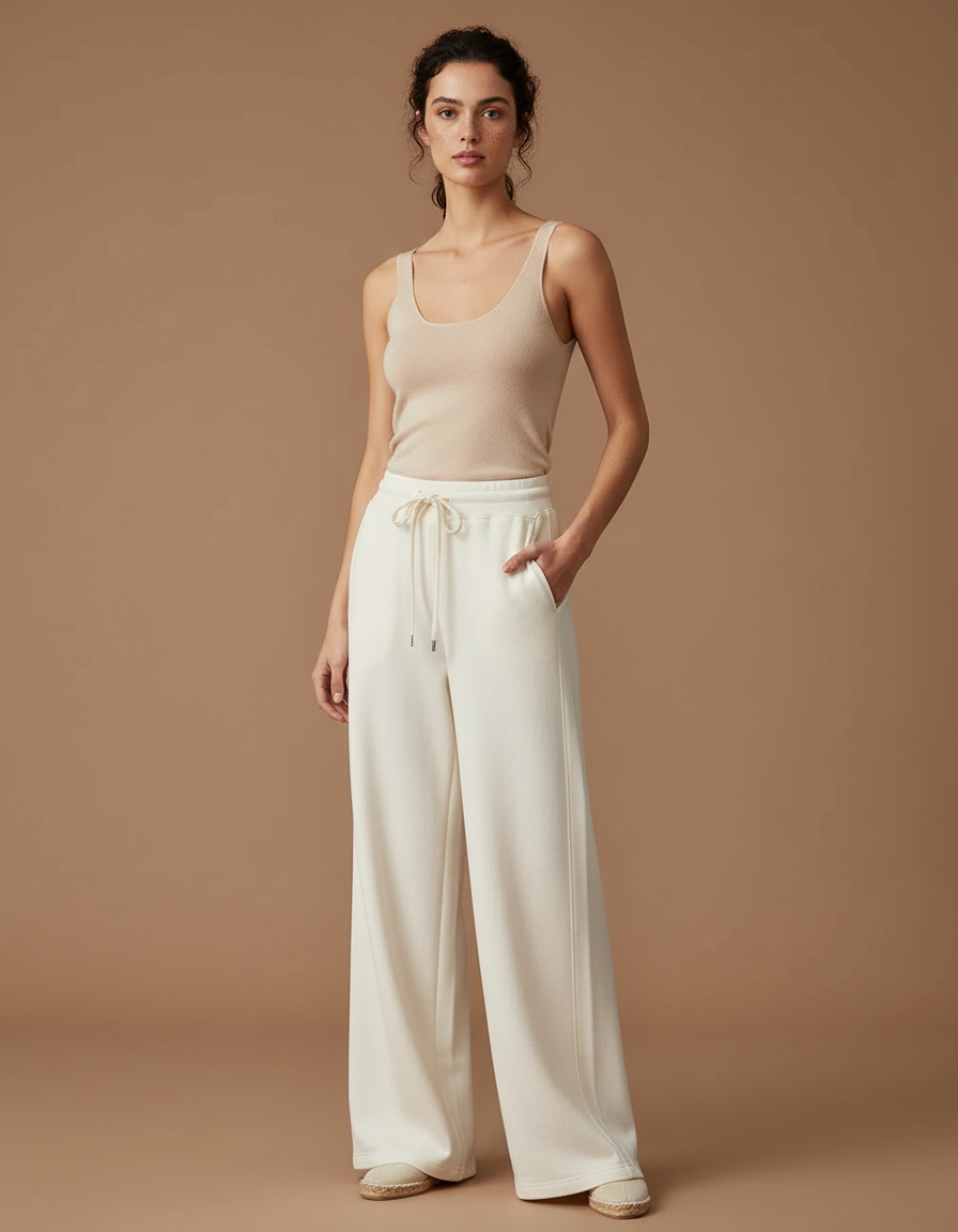 Pantalon Beige Fluide Ample Décontracté Cordon Femme - Molleton