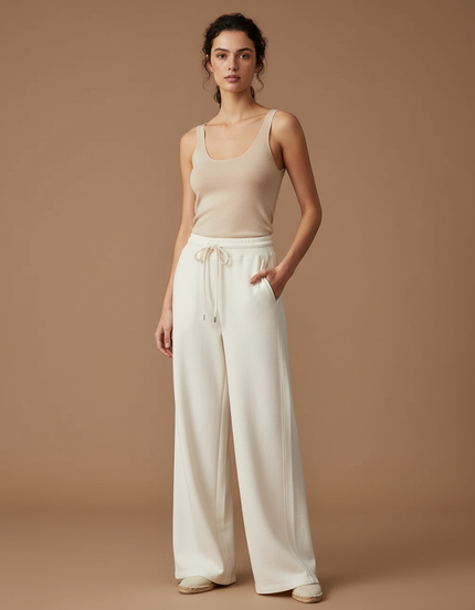 Pantalon Beige Fluide Ample Décontracté Cordon Femme - Molleton