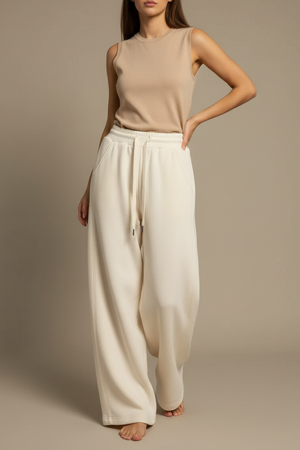 Pantalon Beige Large Cordon Fluide Décontracté Confortable - Molleton