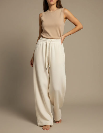 Pantalon Beige Large Cordon Fluide Décontracté Confortable - Molleton