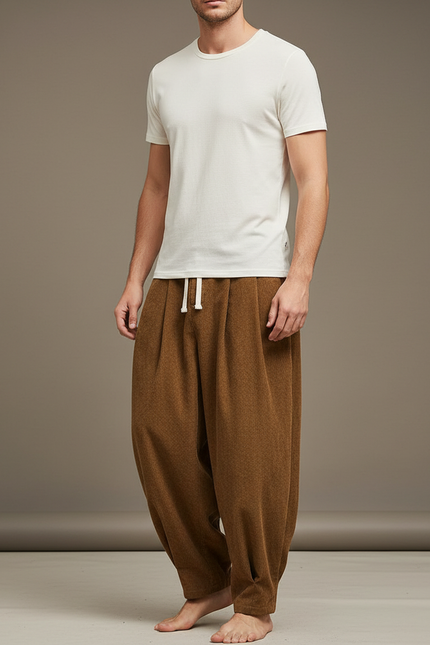 Pantalon Beige Côtelé Ample Plissé Confortable Homme - Marron Cordé