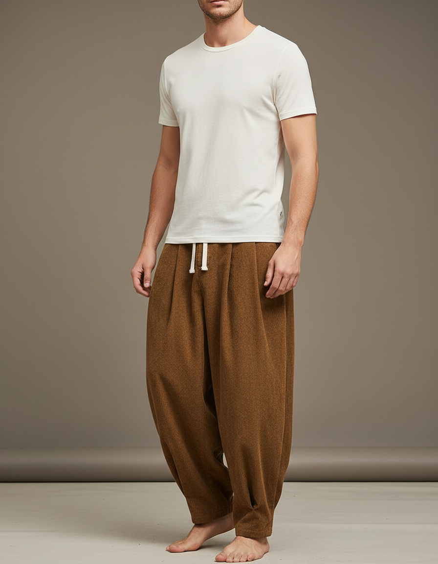 Pantalon Beige Côtelé Ample Plissé Confortable Homme - Marron Cordé