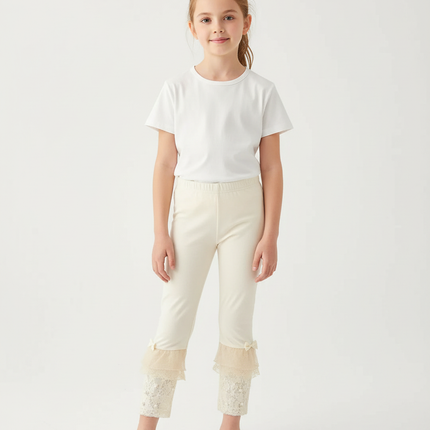 Pantalon Beige Fille Dentelle Nœuds Cheville Élégant - Maille