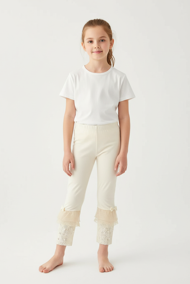 Pantalon Beige Fille Dentelle Nœuds Cheville Élégant - Maille