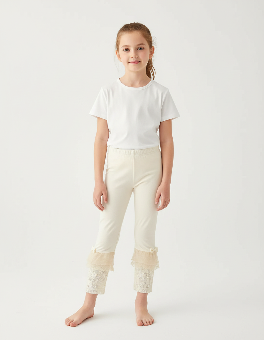 Pantalon Beige Fille Dentelle Nœuds Cheville Élégant - Maille