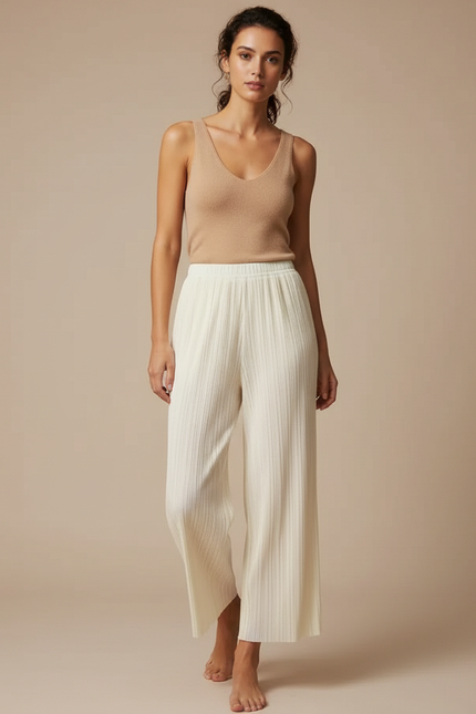Pantalon Beige Plissé Fluide Ample Élégant Femme - Polyester