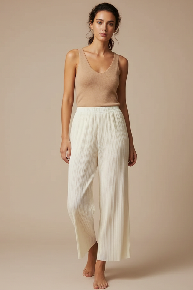Pantalon Beige Plissé Fluide Ample Élégant Femme - Polyester