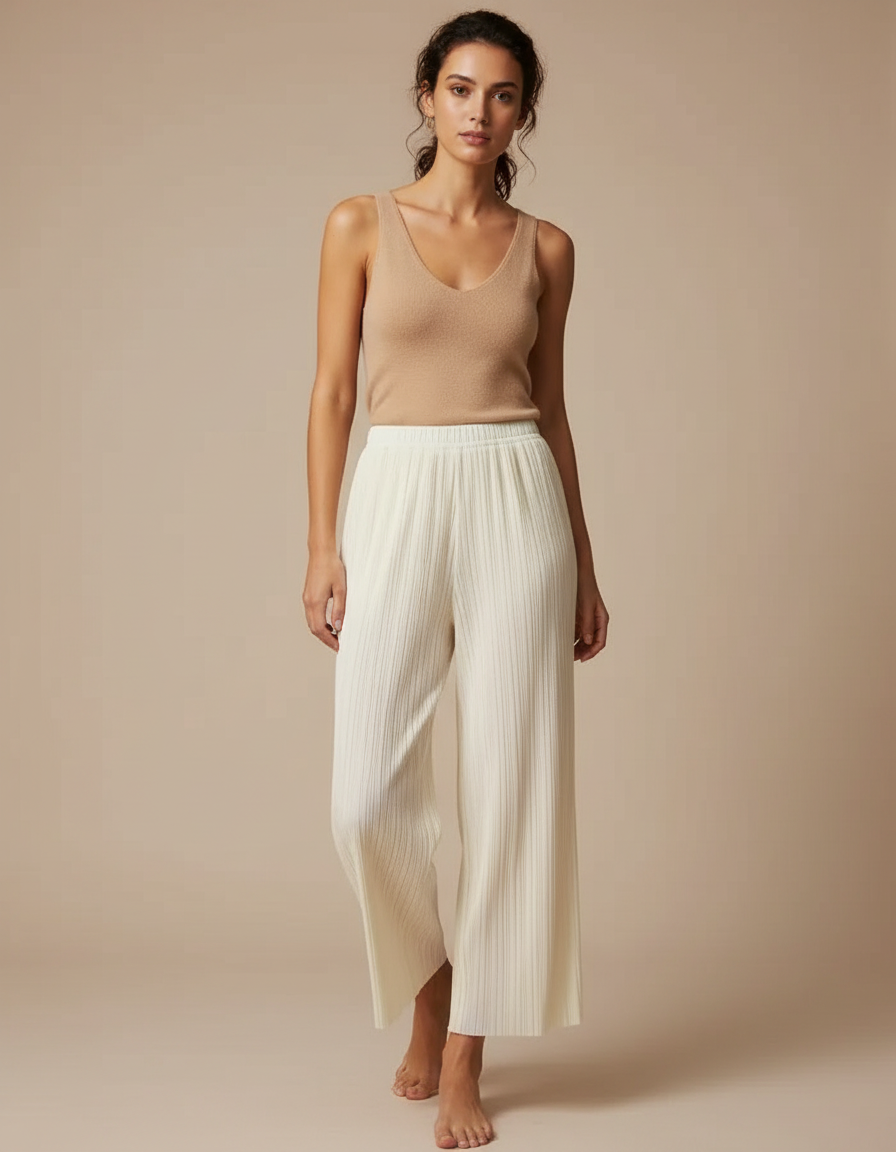 Pantalon Beige Plissé Fluide Ample Élégant Femme - Polyester