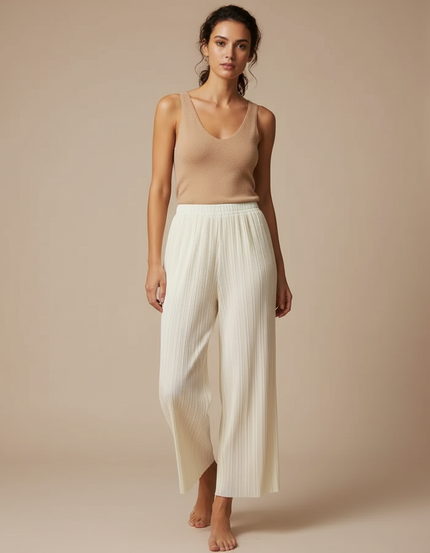 Pantalon Beige Plissé Fluide Ample Élégant Femme - Polyester