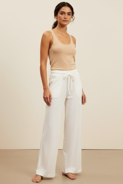 Pantalon Beige Fluide Coton Ample Décontracté Femme - Blanc Molleton