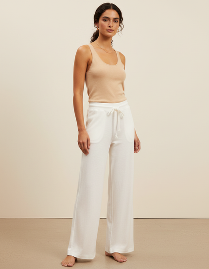 Pantalon Beige Fluide Coton Ample Décontracté Femme - Blanc Molleton