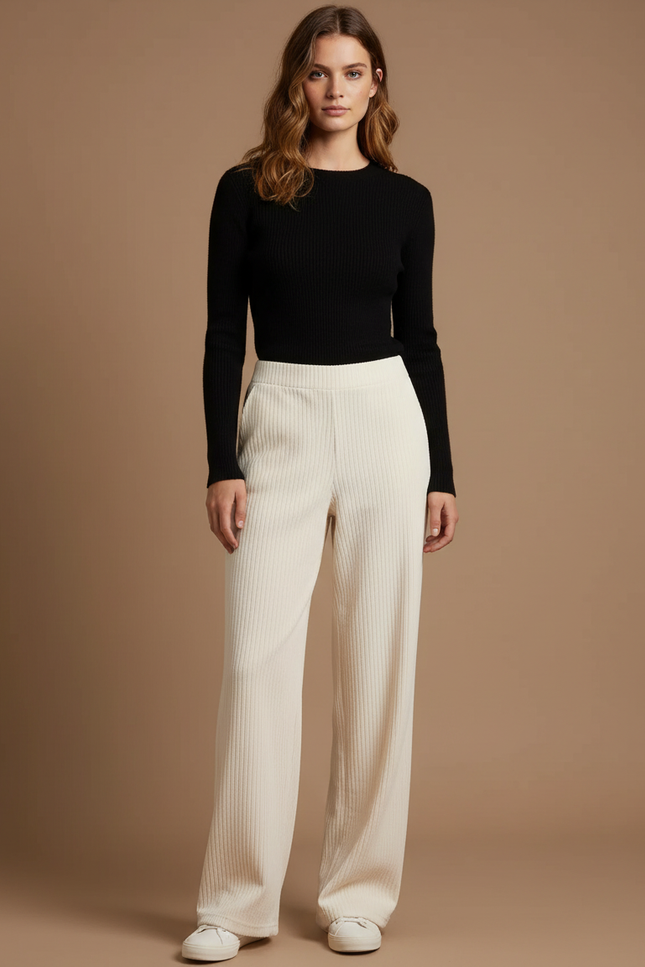 Pantalon Beige Côtelé Large Décontracté Femme - Cordé
