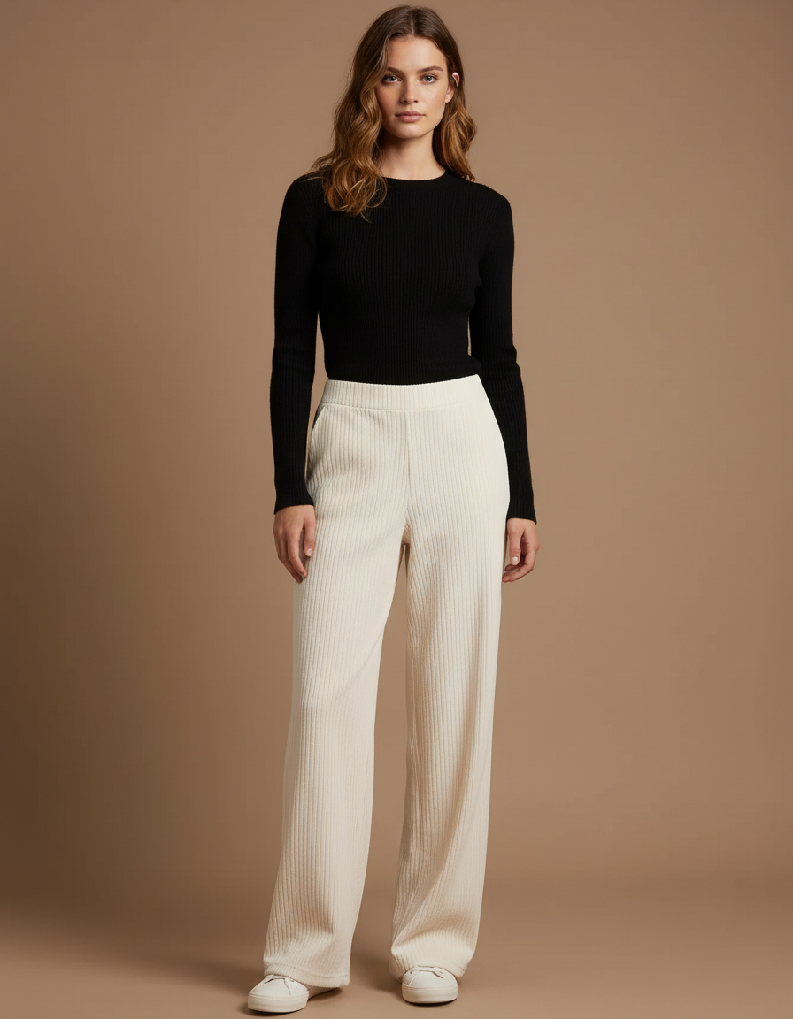 Pantalon Beige Côtelé Large Décontracté Femme - Cordé