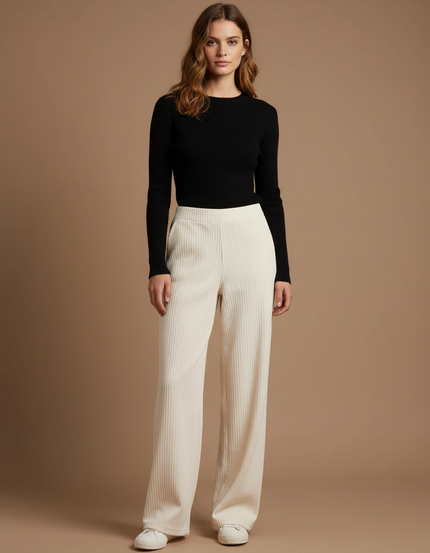 Pantalon Beige Côtelé Large Décontracté Femme - Cordé
