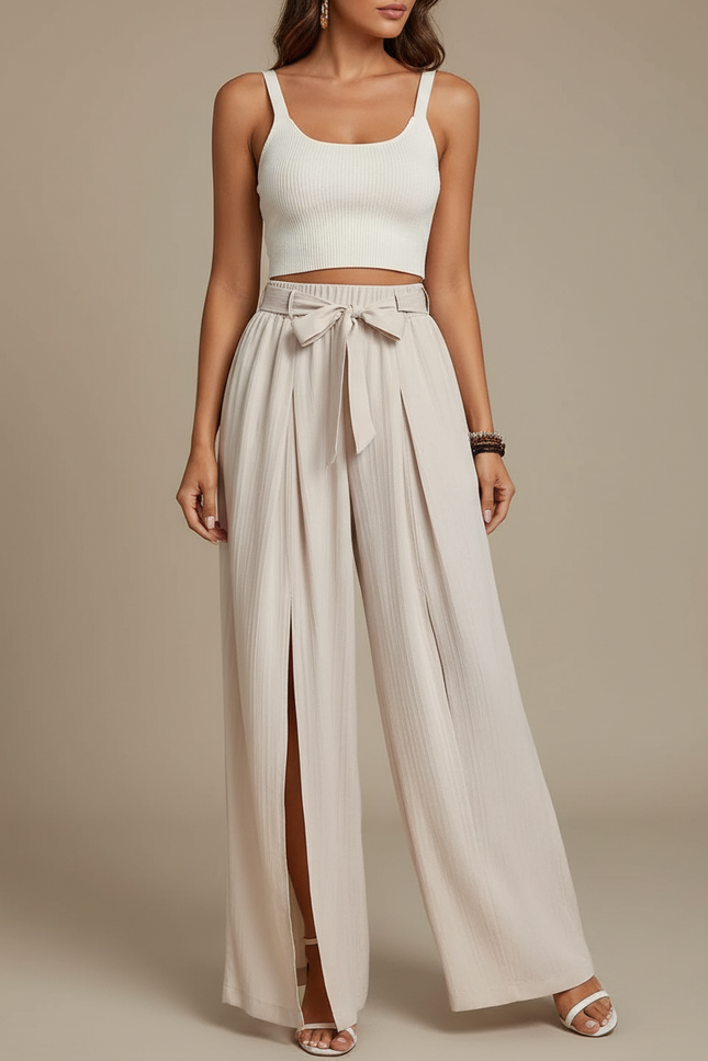 Pantalon Beige Fluide Ample Fendu Élégant Ceinturé - Lin