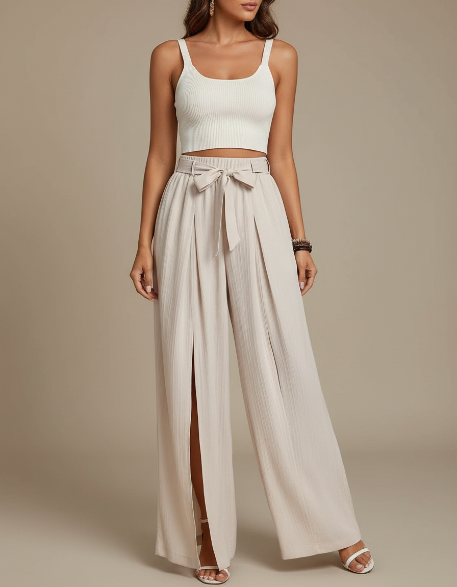 Pantalon Beige Fluide Ample Fendu Élégant Ceinturé - Lin