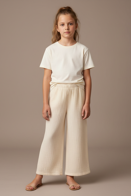 Pantalon Beige Gaze Coton Ample Confortable Fille