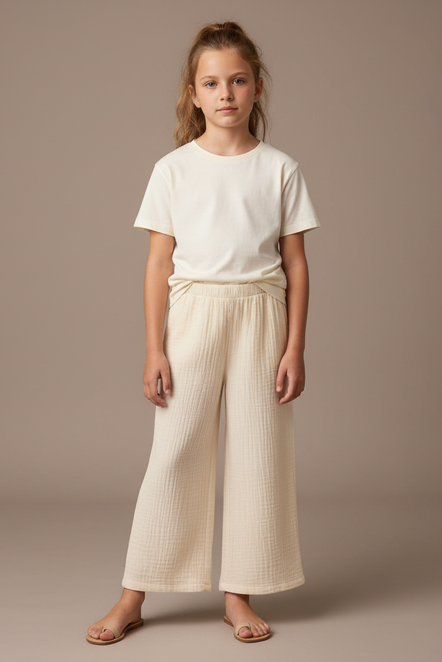 Pantalon Beige Gaze Coton Ample Confortable Fille