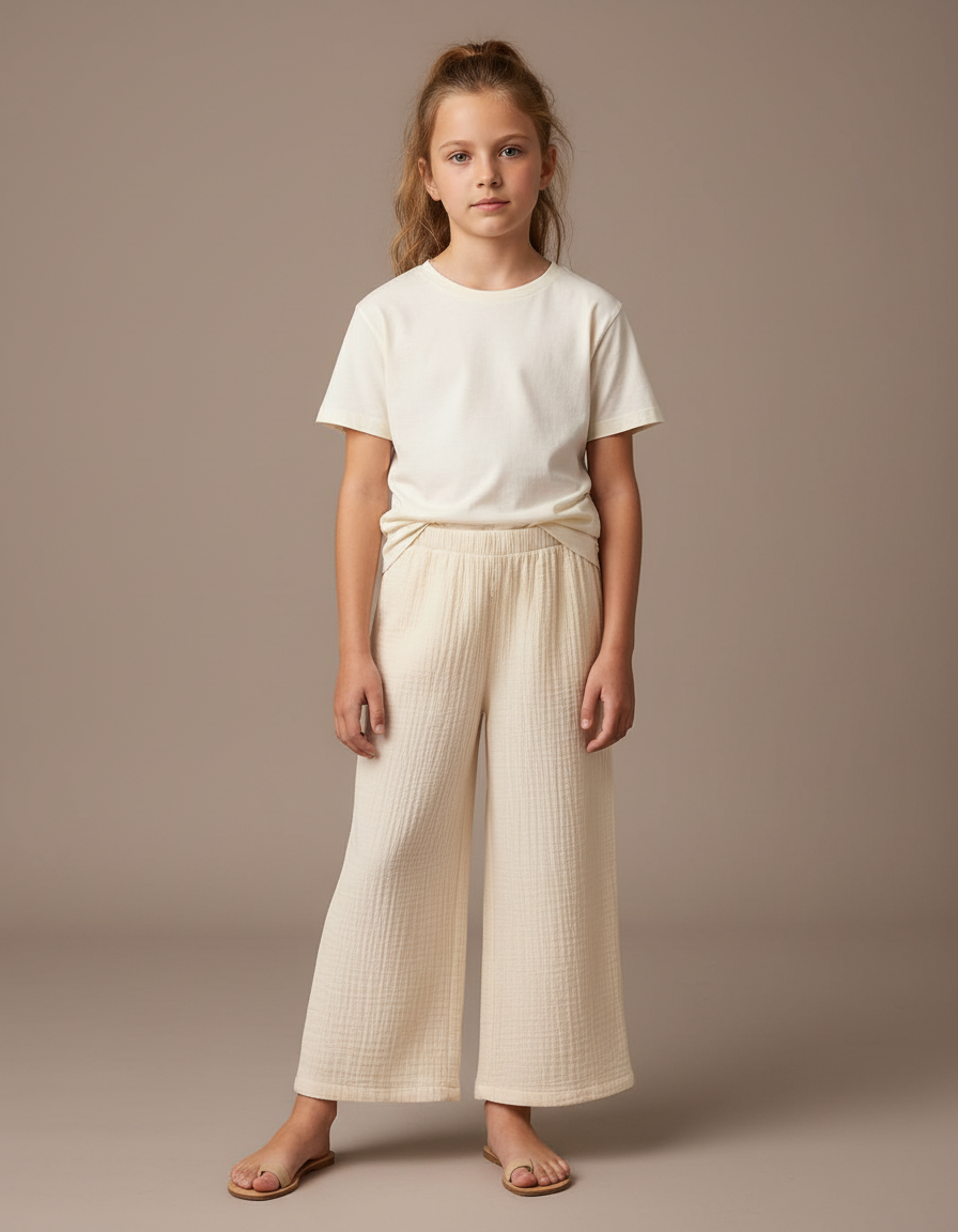 Pantalon Beige Gaze Coton Ample Confortable Fille