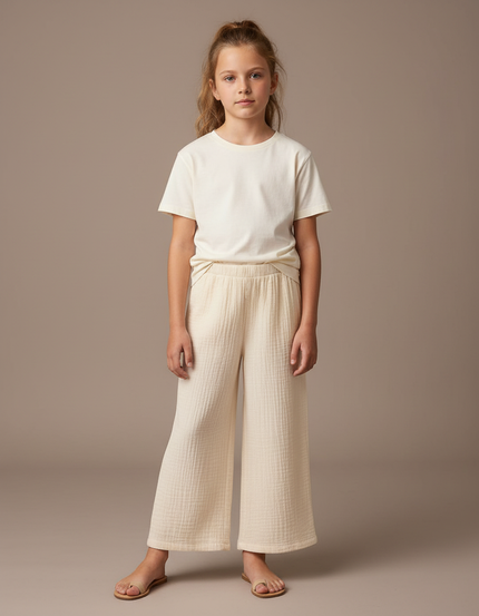 Pantalon Beige Gaze Coton Ample Confortable Fille