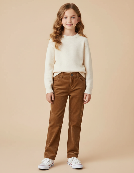 Pantalon Beige Côtelé Droit Enfant Confortable - Marron Cordé
