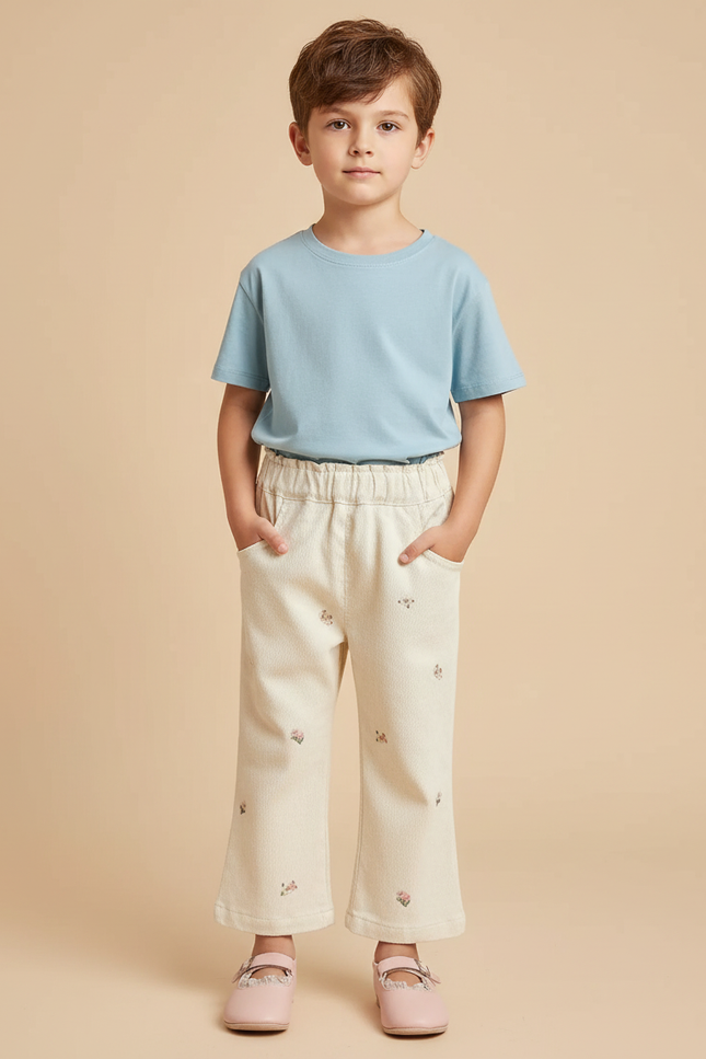 Pantalon Beige Fleuri Ample Coton Enfant Doux - Molleton