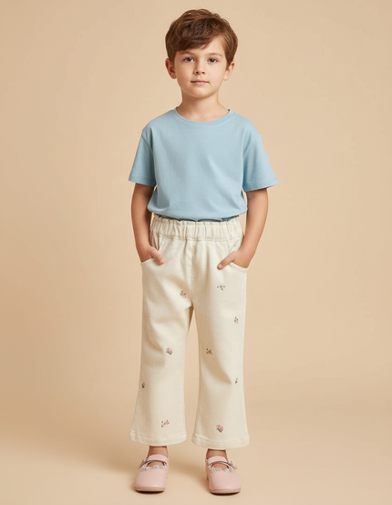 Pantalon Beige Fleuri Ample Coton Enfant Doux - Molleton