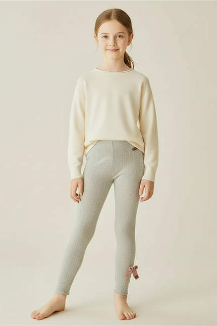 Pantalon Beige Côtelé Nœud Princesse Enfant Fille - Gris Cordé