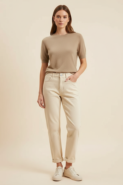Pantalon Beige Jean Droit Ample Décontracté Femme