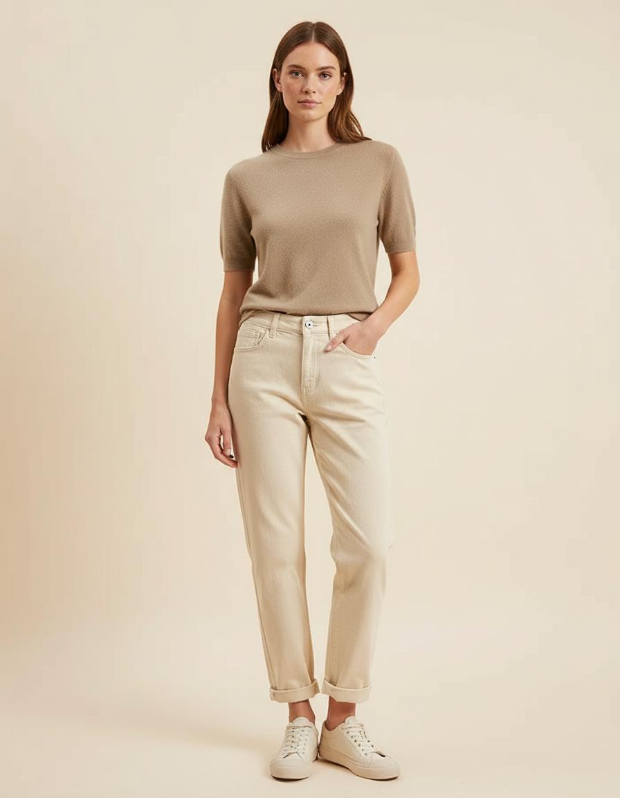 Pantalon Beige Jean Droit Ample Décontracté Femme