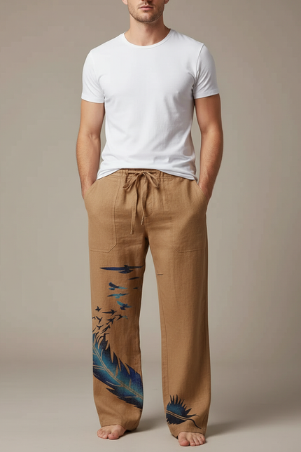 Pantalon Beige Lin Ample Imprimé Plume Oiseaux Homme